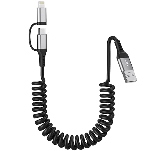 USB to USB-C and Lightning Cable Combo, 2 in 1 Coiled iPhone Charger Cable by Yeemie