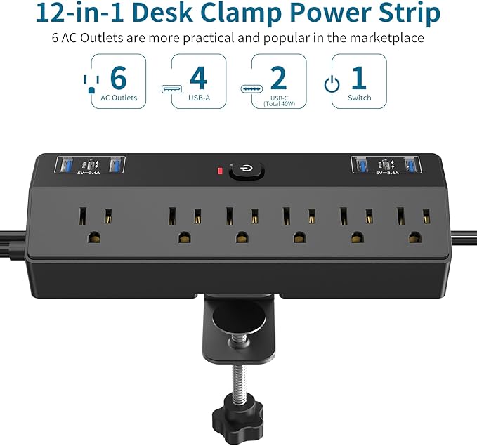 Desk Clamp Power Strip with 40W Fast Charging Station, JXGUCAT 10ft Flat Plug - Image 2