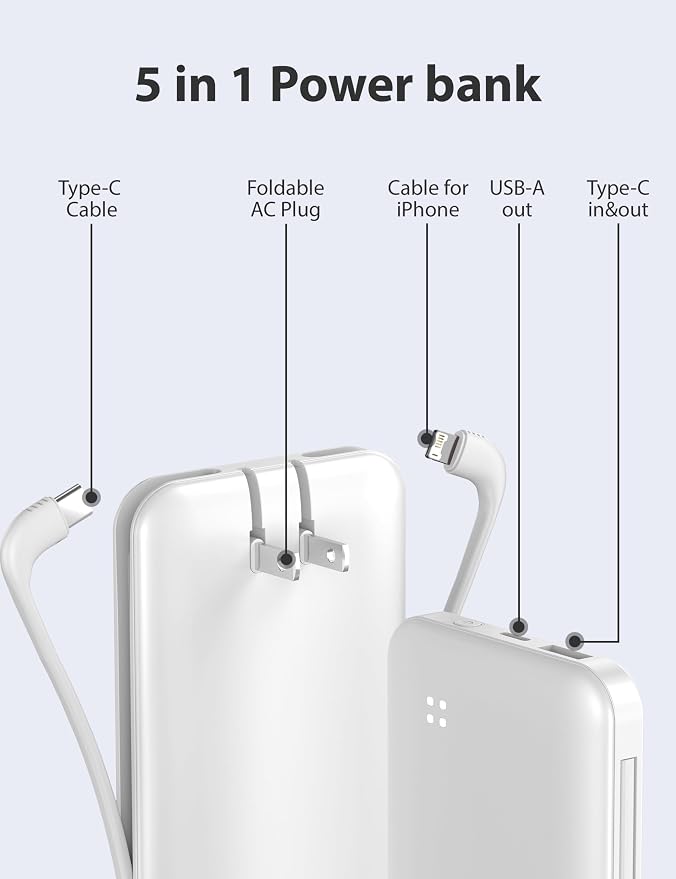 Alongza Portable Charger Built-in Cables and AC Wall Plug, Slim Fast Charging - Image 4