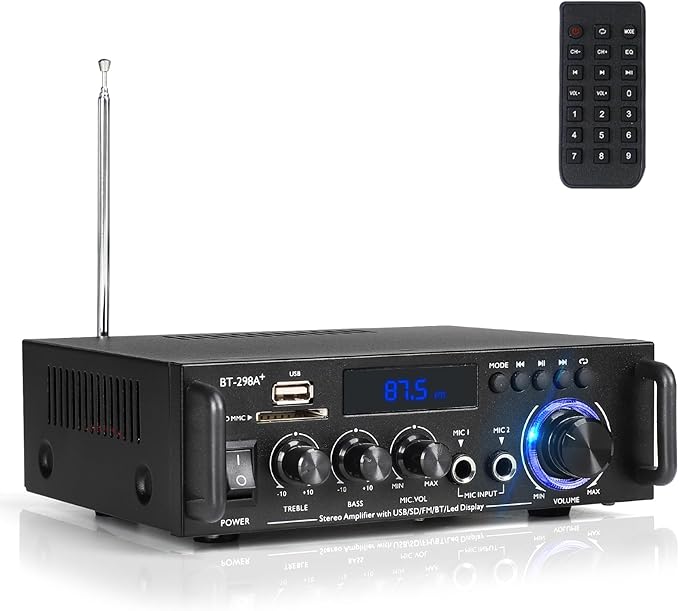 Stereo Audio Amplifier, 300W Home 2 Channel Wireless Bluetooth 5.0 Power by Romicta