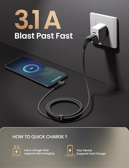 AINOPE Right Angle USB Type C Cable 3.1A Fast Charging USB to USB C Cable - Image 3