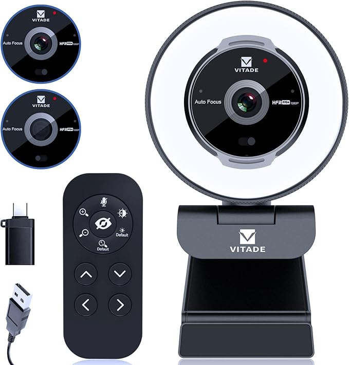 Zoomable Webcam with Remote Control, 1080P 60FPS Streaming with Ring Light and by Vitade