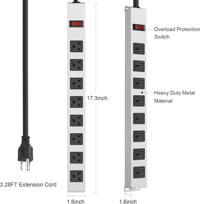 JUNNUJ Metal 8 Outlet Power Strip, Mountable Heavy Duty Power Strip, 1200J - Image 4