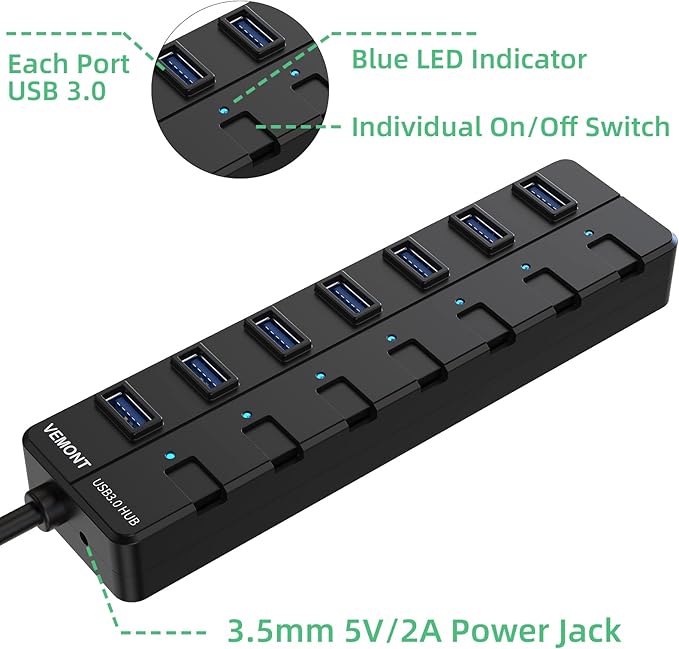 VEMONT USB hub, Computer Peripheral Equipment 7-Port USB 3.0 hub - Image 4