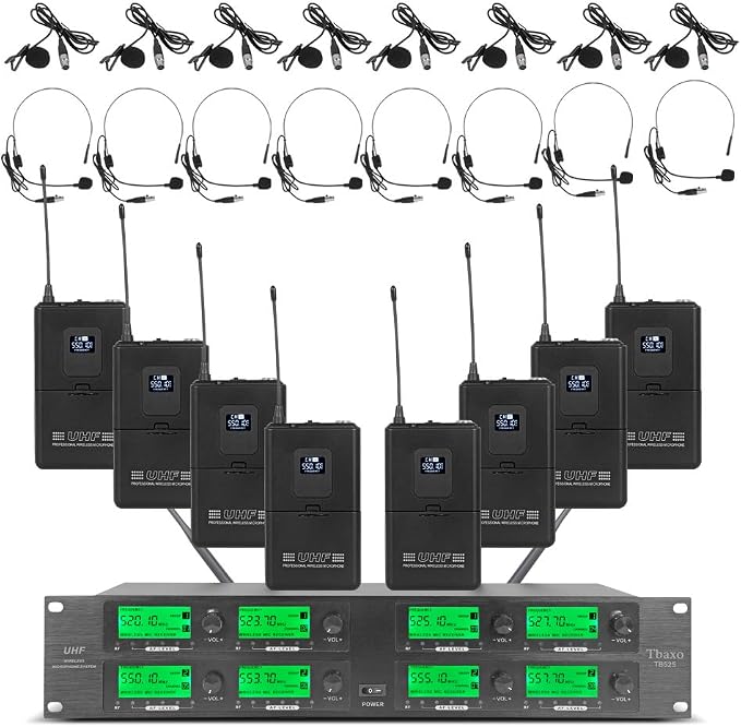 WENWEN Wireless Microphone System UHF 8 Channel 8 Lavalier Bodypacks 8 Lapel by WENWEN