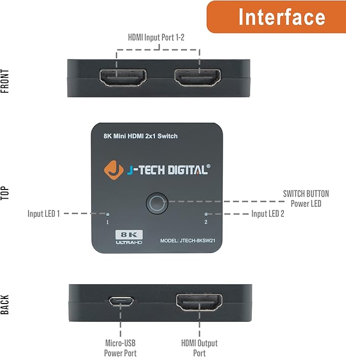 J-Tech Digital 8K HDMI 2.1 Mini Switch 2 in 1 Out 48Gbps 8K 60Hz 4K 120Hz HDR / - Image 2