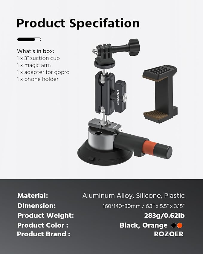 3" Suction Cup Mount Kit for Action Cams/Phone/360 Camera/DSLR Comes - Image 9