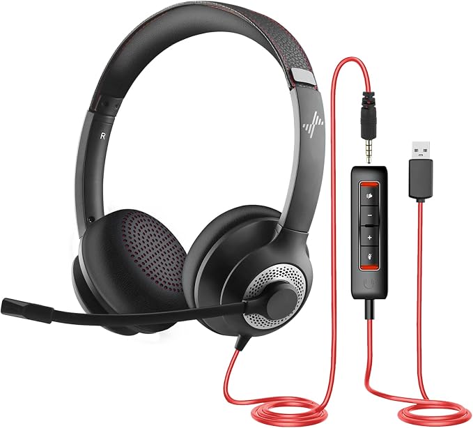 USB Headset with Mic for PC, On-Ear Computer Laptop Headphones with Noise by JIAMQISHI