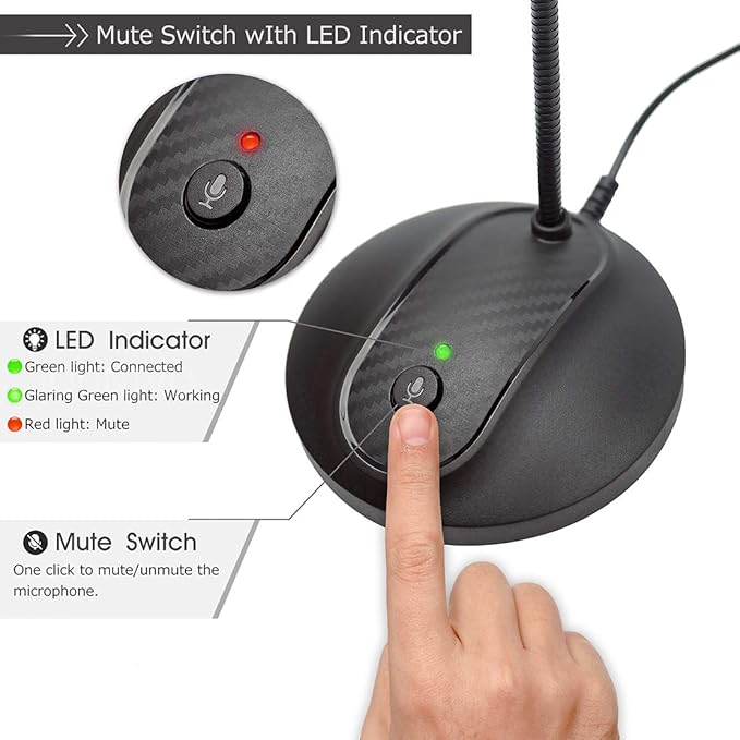 USB Microphone, 360 Degree Adjustable Gooseneck Design, Mute Button & LED - Image 4