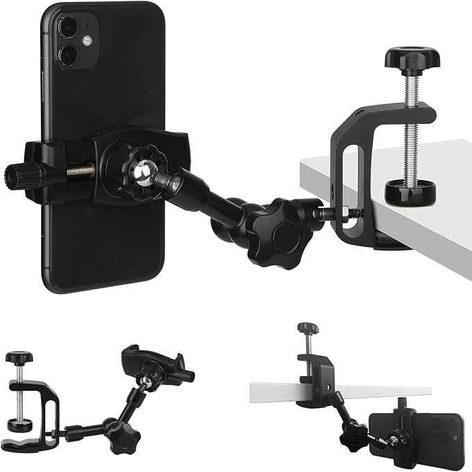 iPhone Mount for Desk/Table/Rod/Kitchen Cabinet, 360°Adjustable Aluminum Alloy by Mippko