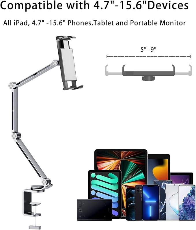 iPad Mount for Desk Aluminum Alloy Tablet Stand Foldable Overhead Arm Holder - Image 4