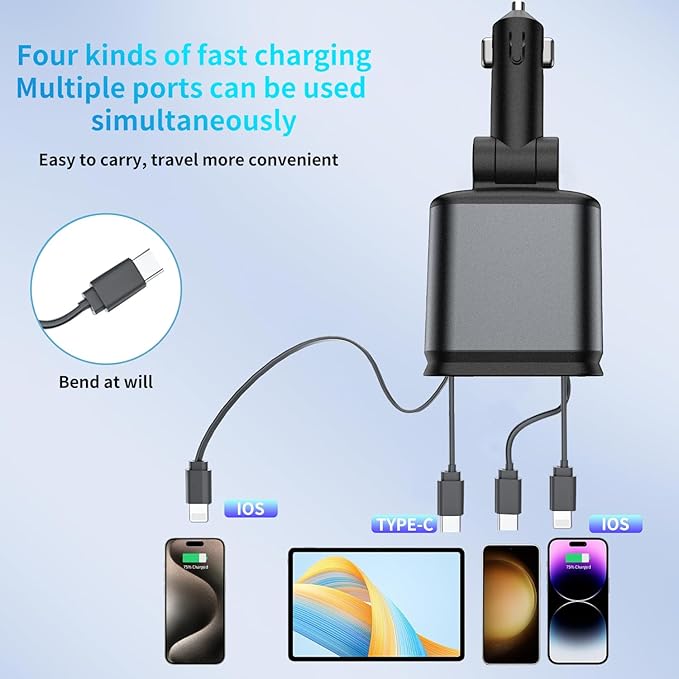 Upgraded Starlight Retractable Car Charger Adapter, 4 in 1 Fast Charging Car - Image 2
