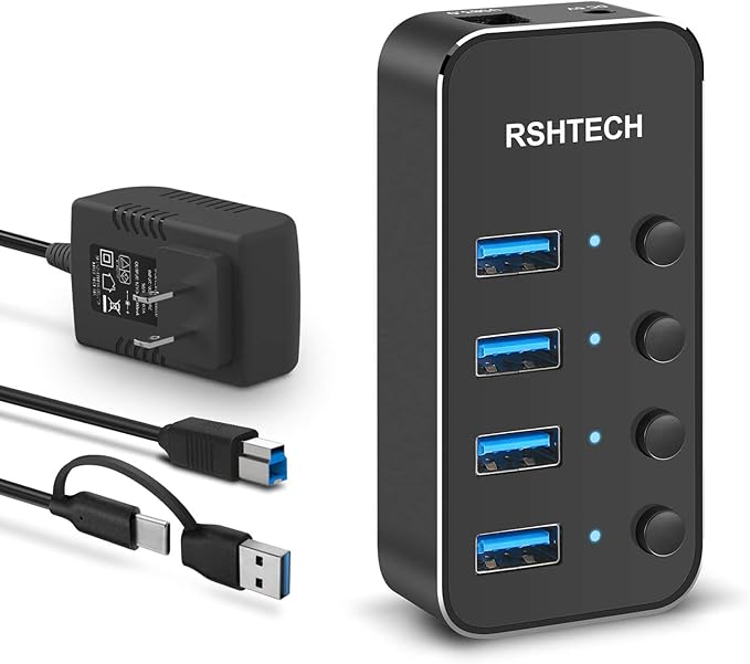 USB 3.0 Hub RSHTECH 4 Port Powered USB 3.0/USB C Hub Upgraded Version by RSHTECH