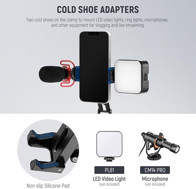 NEEWER Phone Tripod Mount with Cold Shoes, Metal Smartphone Adapter Compatible - Image 6