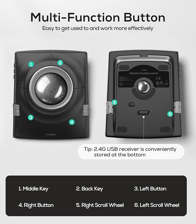 Nulea Wireless Trackball Mouse, Ergonomic 55mm Trackball, Adjustable DPI - Image 8