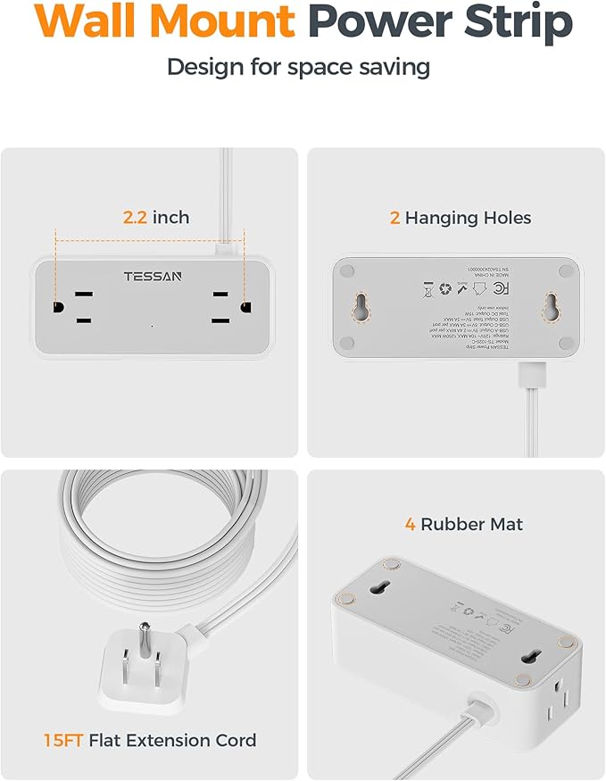 Flat Extension Cord 15 FT, TESSAN Surge Protector Power Strip - Image 8