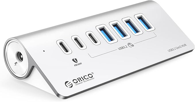 ORICO 7 Port USB Hub 10Gbps, Aluminum USB 3.2 Gen 2 Hub, 6 USB 3.2 Data Ports by PioneerDataSolutionPowerYourFuture