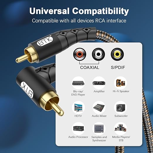 EMK 90 Degree RCA Subwoofer Cable 24K Gold-Plated Connector Nylon Braided - Image 2