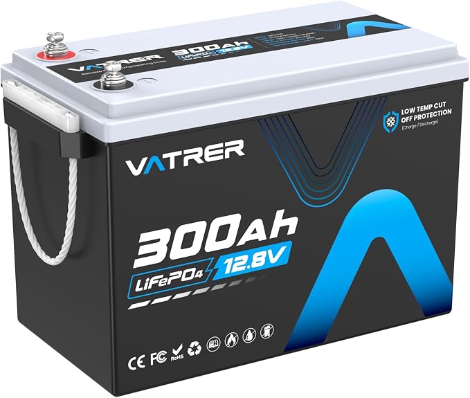 12V 300AH Low Temp Cutoff LiFePO4 Battery, Built in 200A BMS, Max 2560W Power by VATRERPOWER