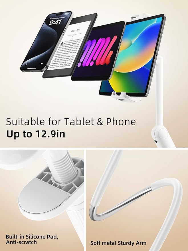 SAIJI Gooseneck Tablet Holder for Bed, One-Hand Adjustable, Upgraded Base - Image 5