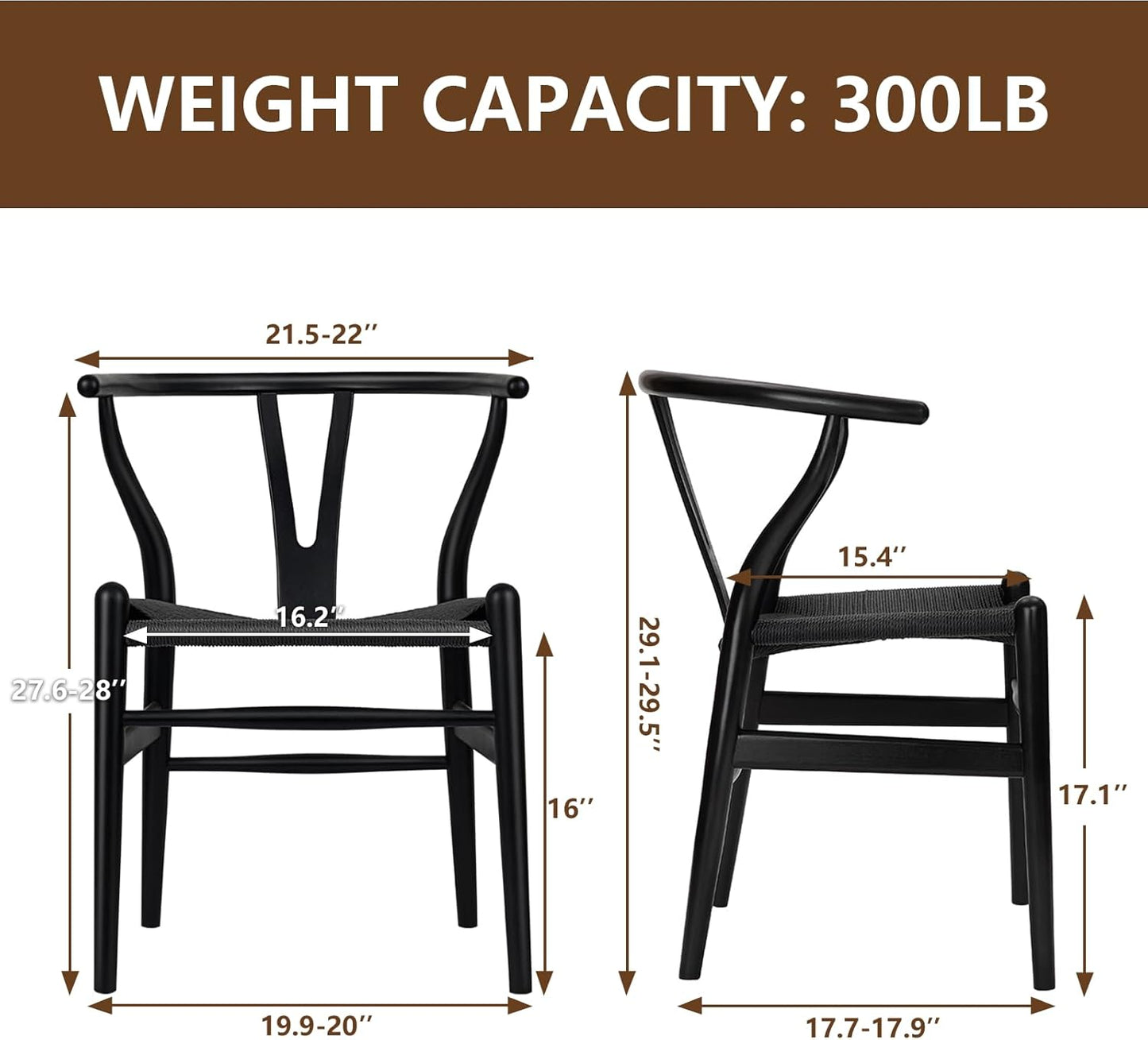 Wishbone Chair Natural Solid Wood Dining Chair/Hans Wegner Y Chair Rattan and Wood Accent Armrest Chairs Set of 4 (Ash Wood + Black 4 Chairs)