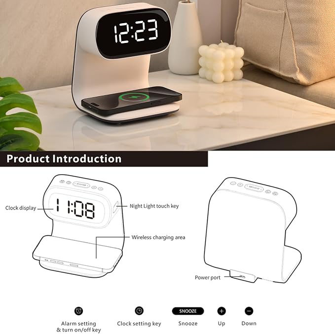 Digital Alarm Clock with Wireless Fast Charging Station 15W Touch Smart Lamp - Image 7