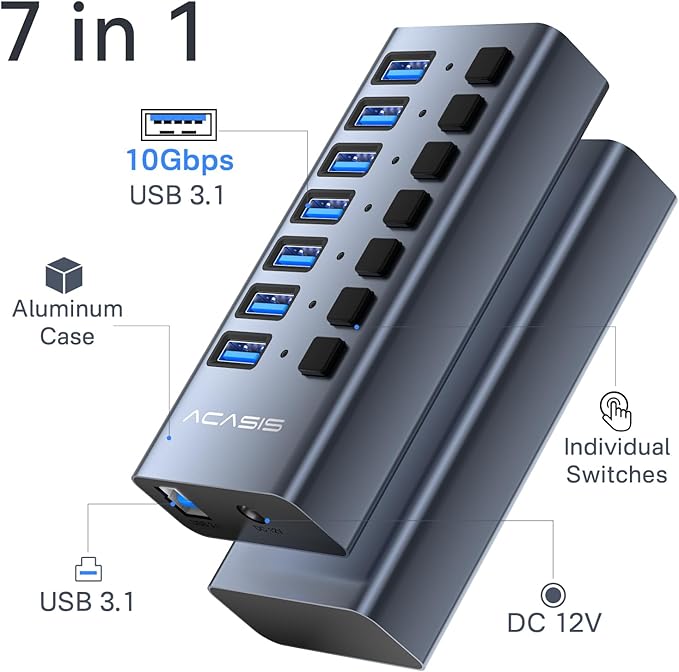 Powered USB 3.1 Hub, ACASIS 7 Ports USB 3.1 Hub - Image 2