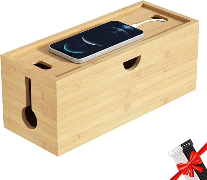 Bamboo Cable Management Box, Medium Cord Organizer Box Cable Box to Hide Wires by HoVoit