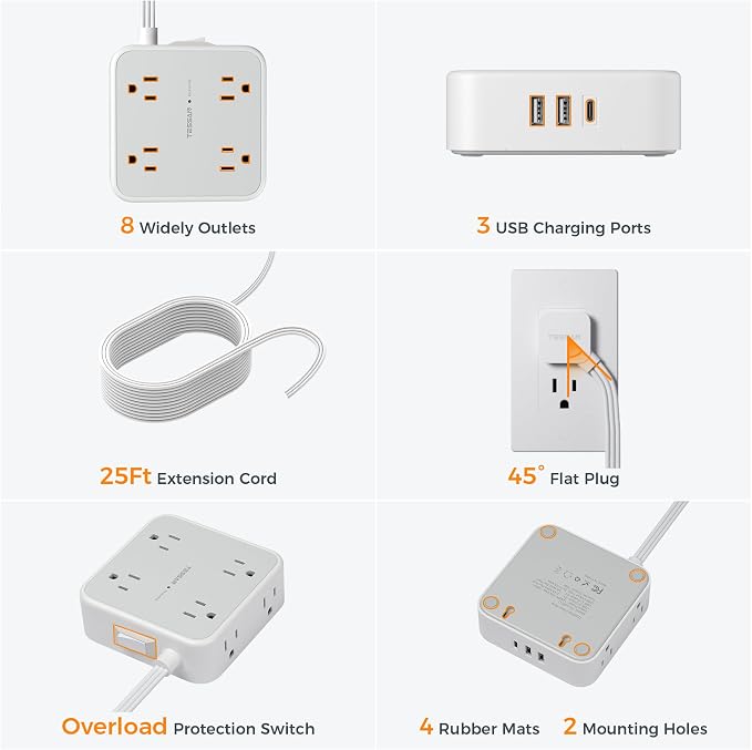 Flat Plug Long Extension Cord 25 Ft, TESSAN Power Strip Surge Protector - Image 7