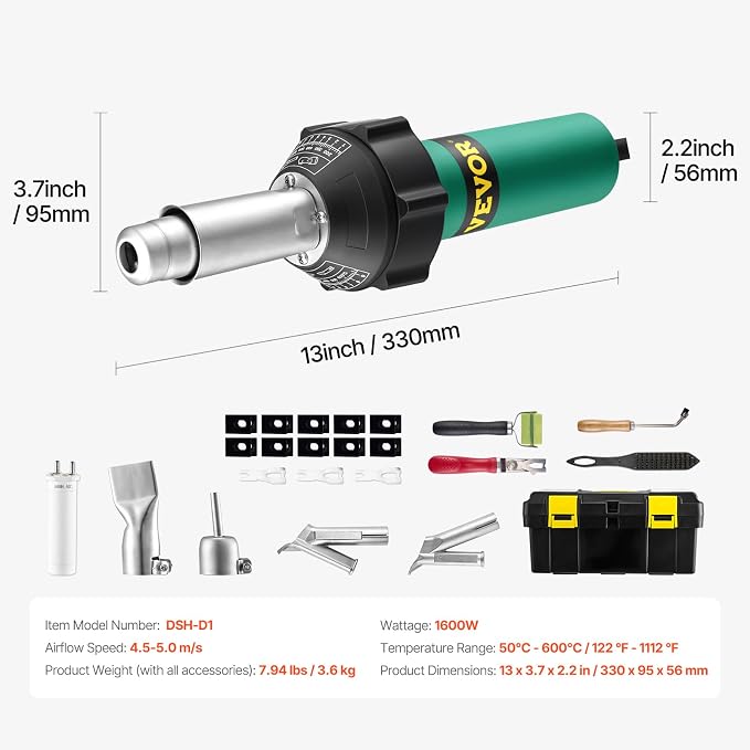 VEVOR Hot Air Plastic Welder, 1600W Hot Air Torch Pistol, 122-1112℉ PVC TPO - Image 7