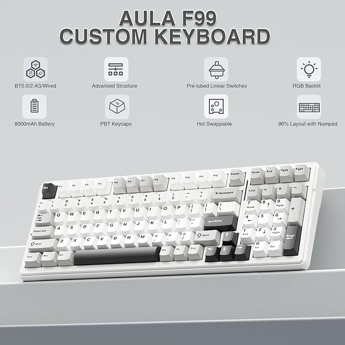 AULA F99 Wireless Mechanical Keyboard, Tri-Mode BT5.0/2.4GHz/USB-C Hot - Image 2