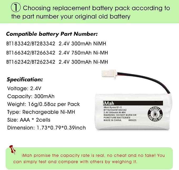 iMah BT162342/BT262342 2.4V 300mAh Ni-MH Cordless Phone Batteries Compatible - Image 3