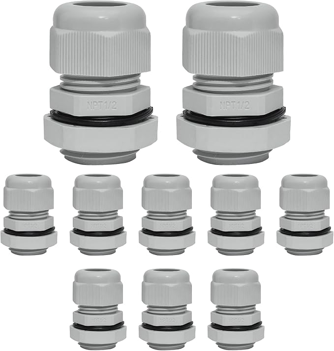 10 Pcs 1/2" NPT Nylon Cable Glands, IP68 Waterproof Adjustable Cord Grip Cable by Bonsicoky