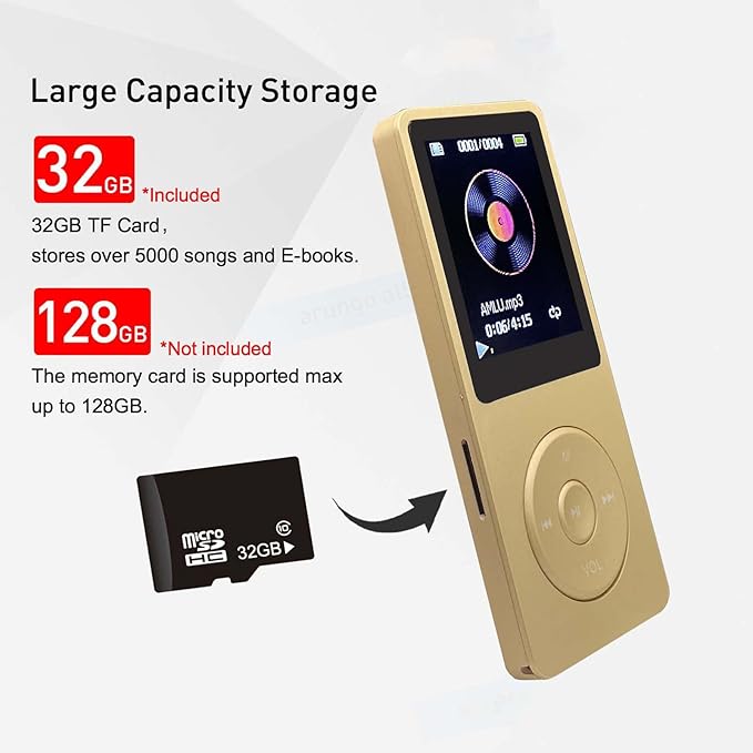 MP3 Player 32GB with Speaker Earphone Portable Mini Golden Music Player Support - Image 5