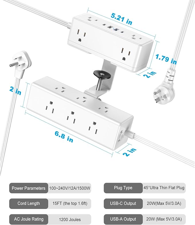 Dual Layer Desk Clamp Power Strip, 19 in 1 Desktop Edge Mount Surge Protector - Image 7