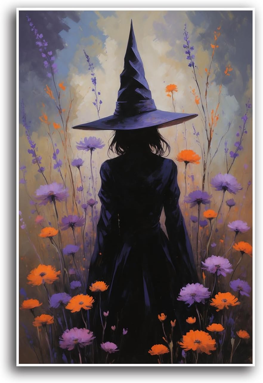 JFHCQJPK Country wildflower witch canvas print halloween mashup art witch purple decoration bohemian elegant art poster20x30in Frameless