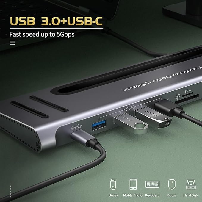 USB C Docking Station, Onten USB-C to Dual HDMI Adapter HUB .12-in-1 USB-A 3.0 - Image 3