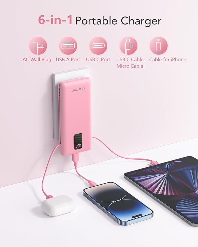Charmast Portable Charger with Built-in Cables & Wall Plug, 10000mAh Portable - Image 2