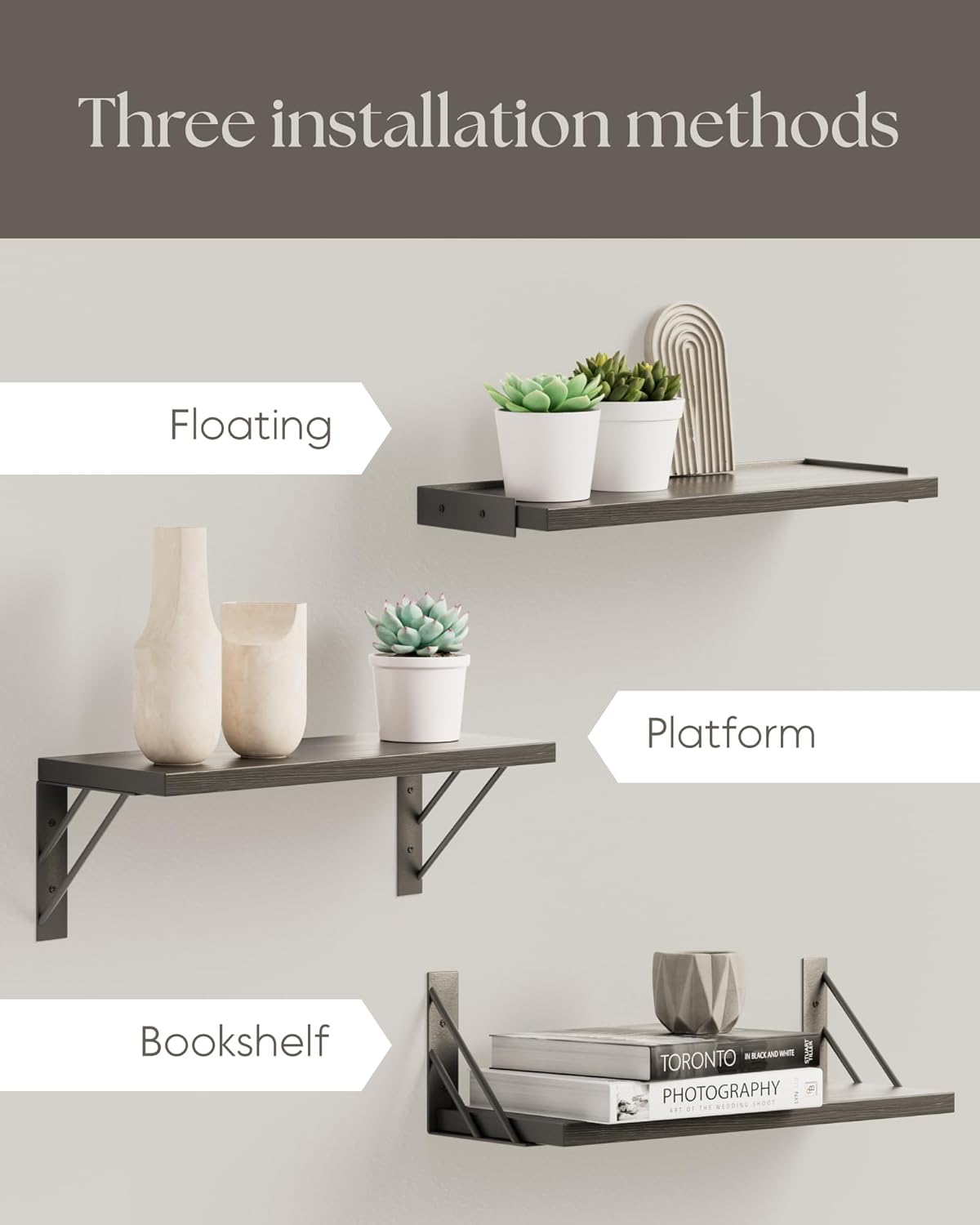 BAYKA Floating Shelves for Bedroom Decor, Wall Shelves for Storage, Wall Mounted Rustic Wood Floating Shelf for Books,Corner Shelf for Bathroom,Kitchen,Living Room(Black and Gold，Set of 4)