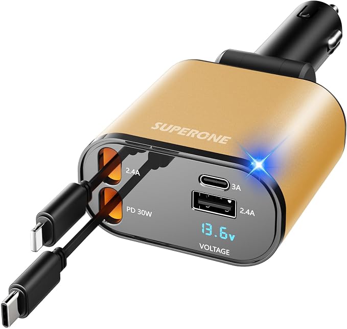【Upgraded】 SUPERONE Retractable Car Charger 4 in 1, Fast Car Phone Charger by SUPERONE