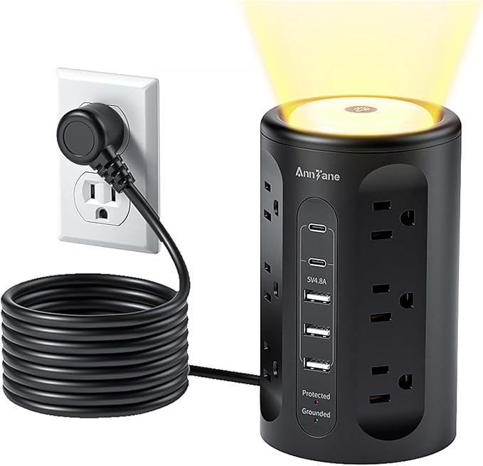 Power Strip Tower with Night Light, Power Strip Surge Protector with USB Ports by anntane