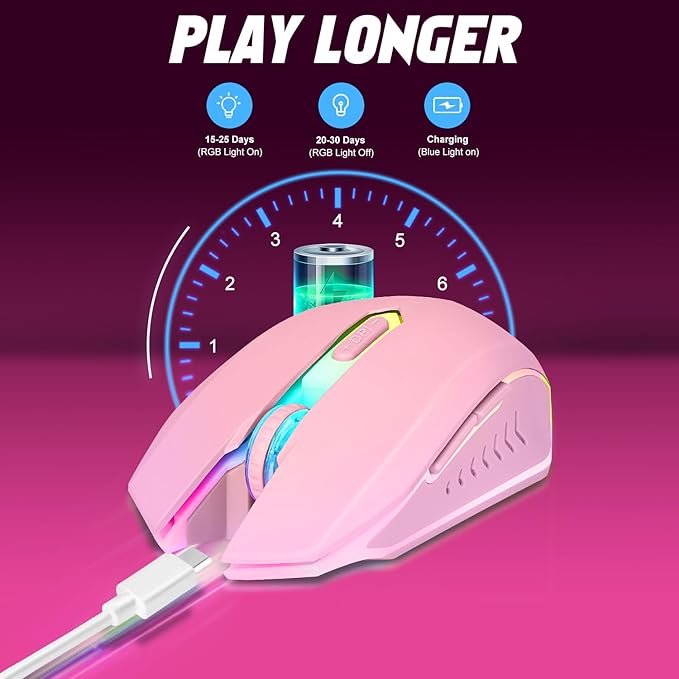 Wireless Gaming Mouse, Rechargeable Computer Mouse, 7-Color LED Light, - Image 3