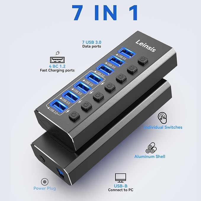 Powered USB Hub 3.0, Leinsis 7-Port USB 3.0 Hub 7 Data Transfer Ports+ 4 Smart - Image 2