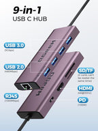 QGeeM USB C Hub Ethernet, 9 in 1 USB Type C Hub HDMI Multi-Port Converter - Image 2