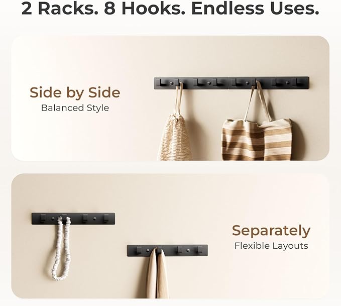Black Wall Mounted Coat Rack- 2 Modular Rails, 8 Right-Angle Hooks, Modern - Image 5