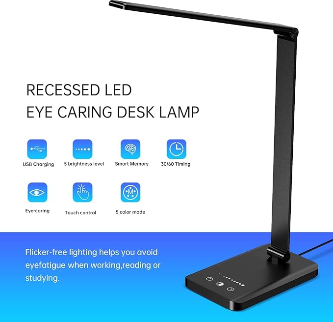 Ambertronix LED Desk Lamp with USB Charging Port, Dimmable Eye-Caring Reading - Image 5