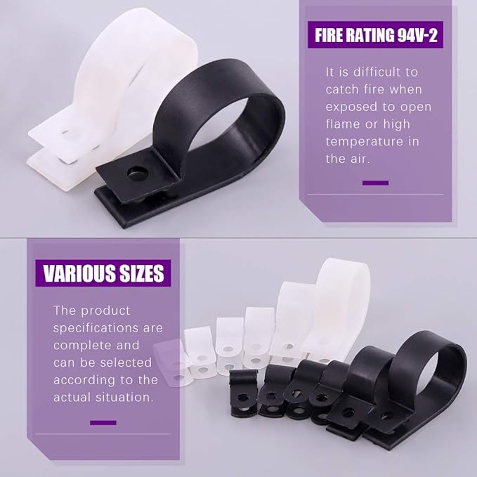 Swpeet 135 Pack 6 Sizes White+Black Nylon Plastic R-Type Cable Clips Clamp - Image 4