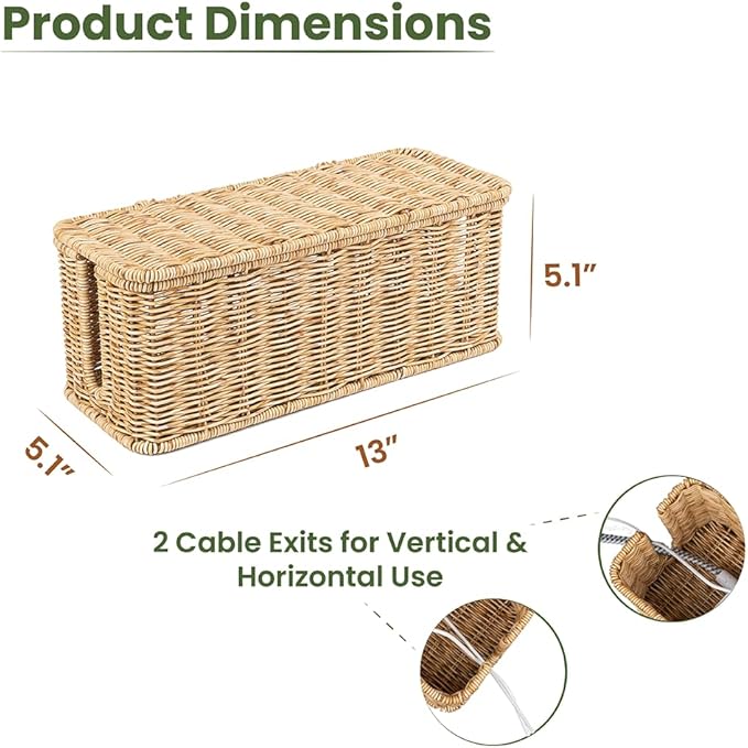 Cable Management Box, Handmade Rattan Cable Organizer, 2 Open Slots Cords Hider - Image 9