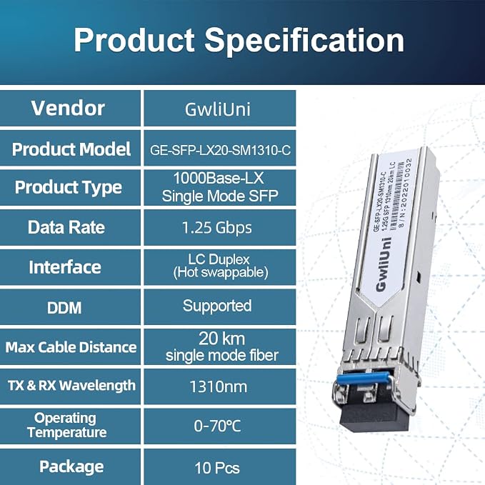 10Pcs 1.25G Single Mode SFP Fiber Module Network Transceiver, LX SM 1310nm 20km - Image 7