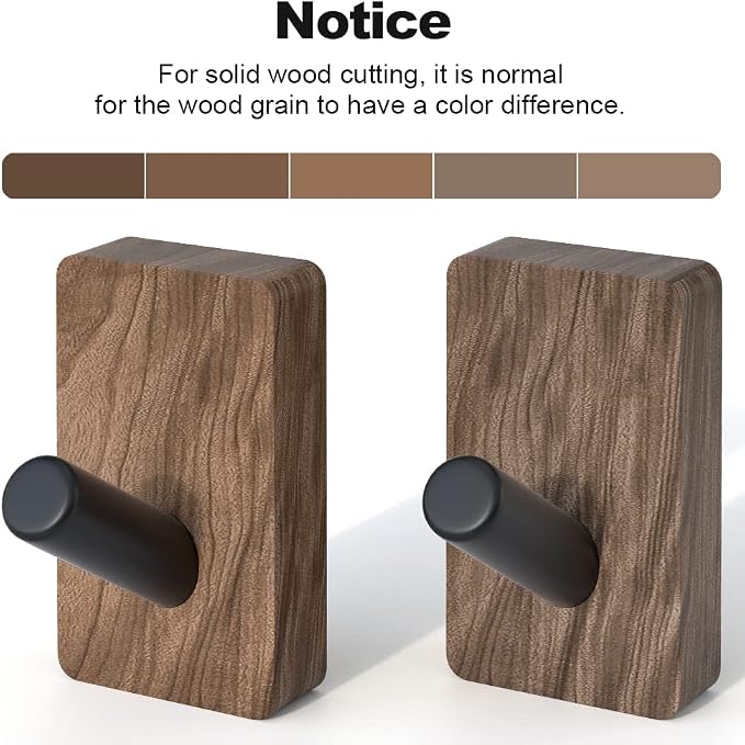 4 PCS Black Walnut Wood Wall Hooks, Adhesive Mounted & Wall Mounted Rustic - Image 3